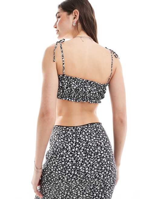 Bershka bow detail strappy top co-ord in black and white floral, 3 of 4