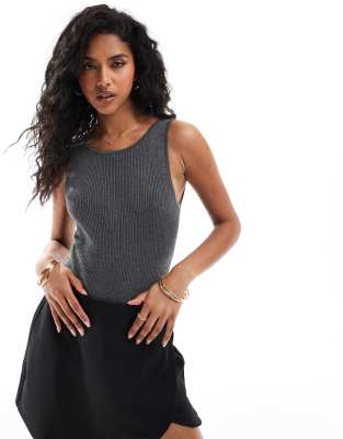 Bershka Bow Front Knit Bodysuit In Gray
