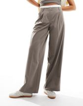 Bershka double waistband wide leg tailored trousers in grey pinstripe