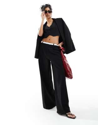 boxer waist wide leg tailored pants in black - part of a set-Gray