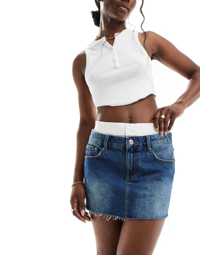 Bershka - boxer waistband denim mini skirt in mid blue