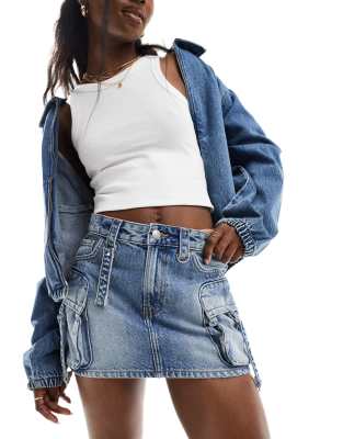 Bershka boxer waistband denim mini skirt in mid blue Smart Closet