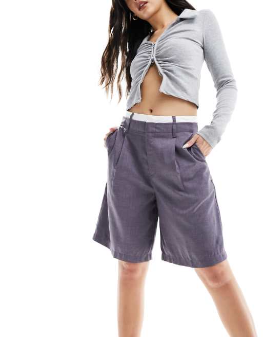 Bershka boxer waistband longline tailored shorts in grey (part of a set)