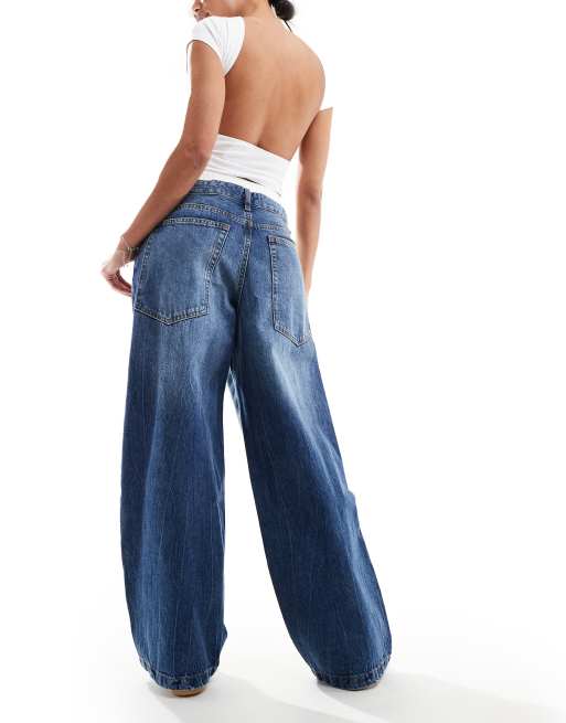 Bershka boxer waistband wide leg jeans in dark wash blue | ASOS