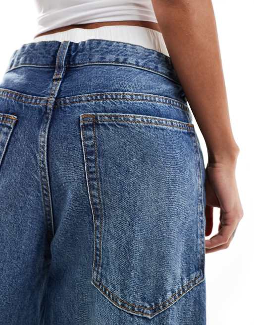 Bershka boxer waistband wide leg jeans in dark wash blue, 3 of 5
