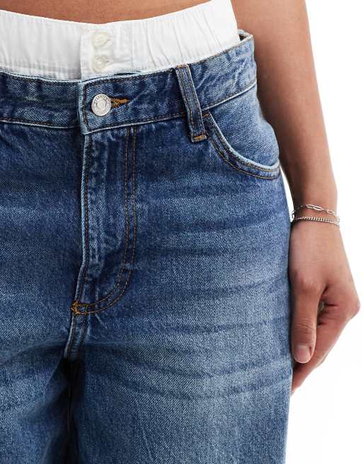 Bershka boxer waistband wide leg jeans in dark wash blue, 5 of 5