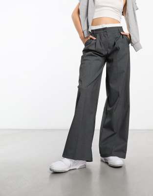 Bershka Boxer Waistband Wide Leg Tailored Pants In Dark Gray