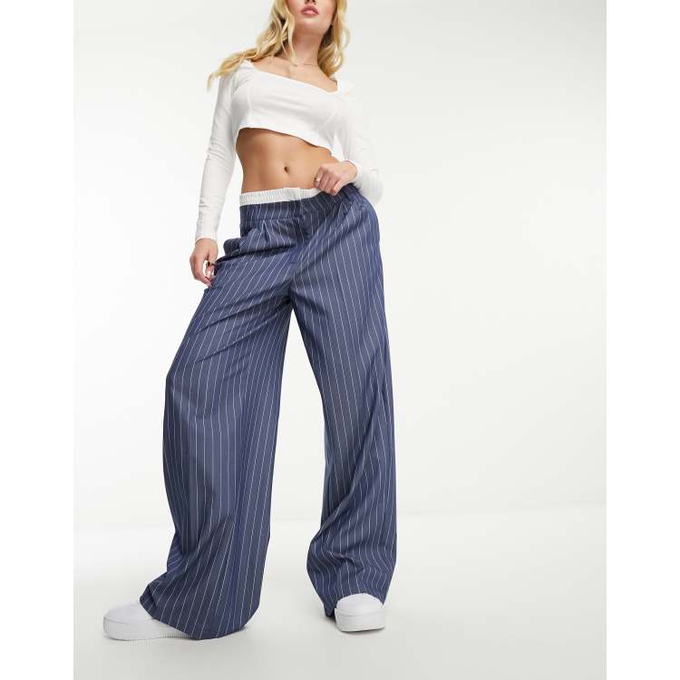 Bershka boxer waistband wide leg tailored trousers in blue