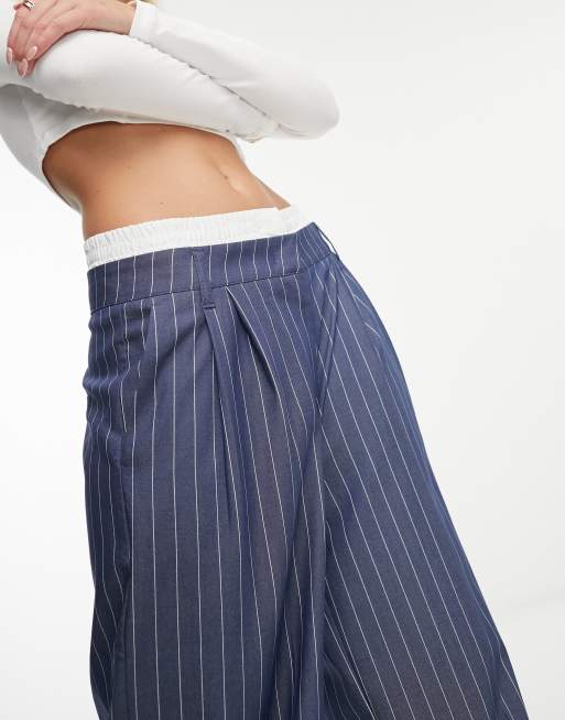 Bershka boxer waistband wide leg tailored trousers in blue pinstripe