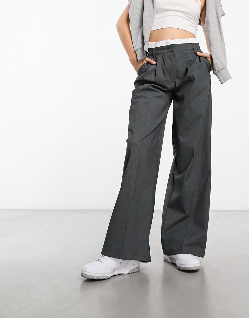 Bershka boxer waistband wide leg tailored trousers in dark grey