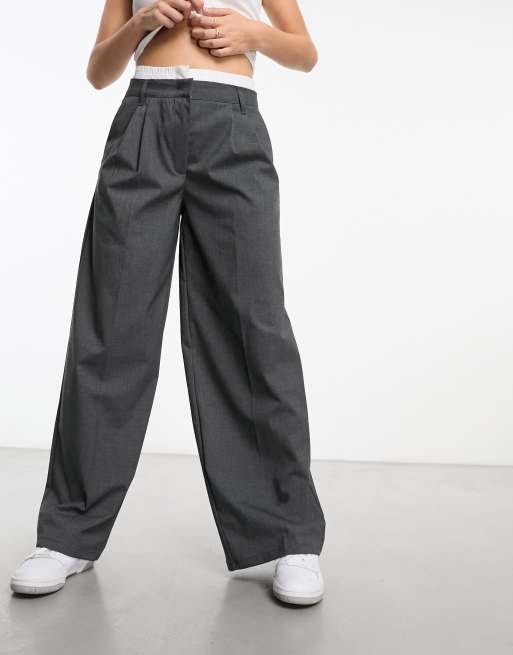 Bershka boxer waistband wide leg tailored trousers in dark grey ASOS