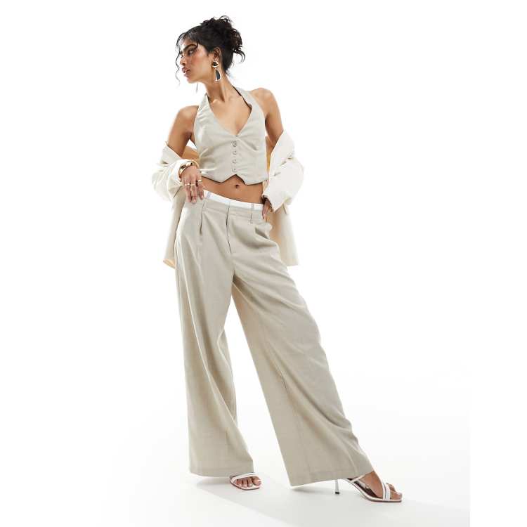 Bershka boxer waisted wide leg tailored pants in light beige