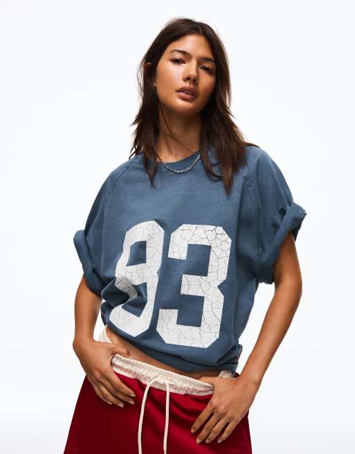Bershka boxig t-shirt med tryck i blått, 5 av 7