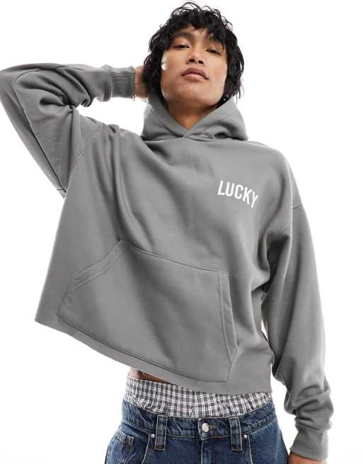 Bershka boxy back printed hoodie in charcoal | ASOS