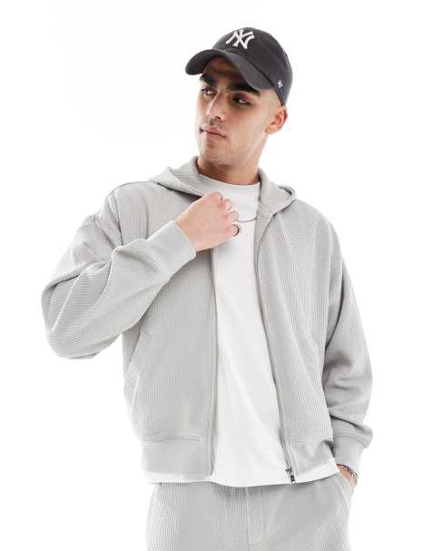 Bershka boxy crop seersucker co-ord hoodie in light grey - view 1