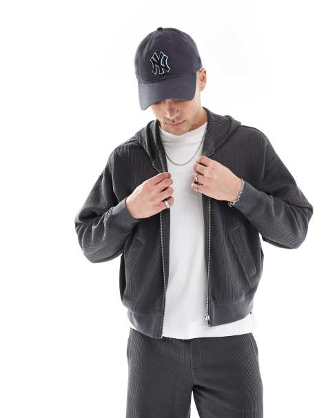 Bershka boxy crop seersucker hoodie in grey (part of a set) - view 1