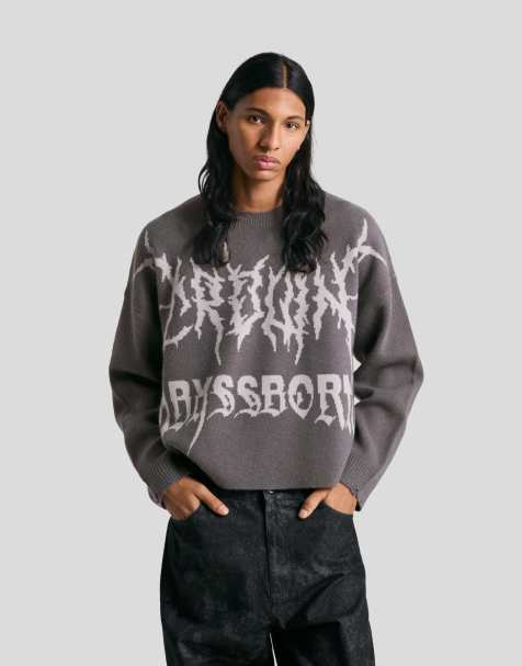 Bershka Boxy cropped jacquard sweater in grey - view 1