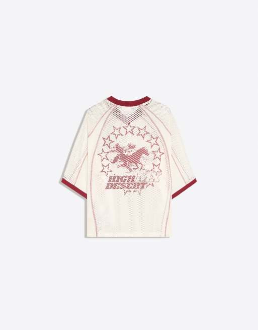 Bershka boxy cropped mesh T-shirt met paardenprint in ecru, 6 van 6