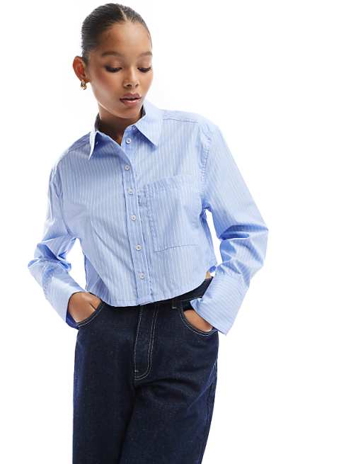 Bershka boxy deep cuff shirt in blue stripe | ASOS Bershka boxy deep cuff shirt in blue stripe | ASOS