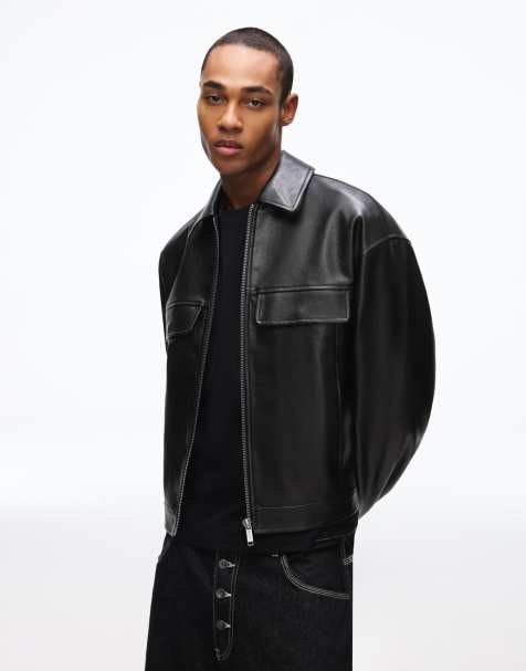 Bershka Boxy faux leather jacket in black - view 1