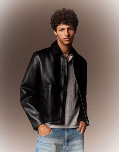 Bershka Boxy faux leather jacket in black - view 1