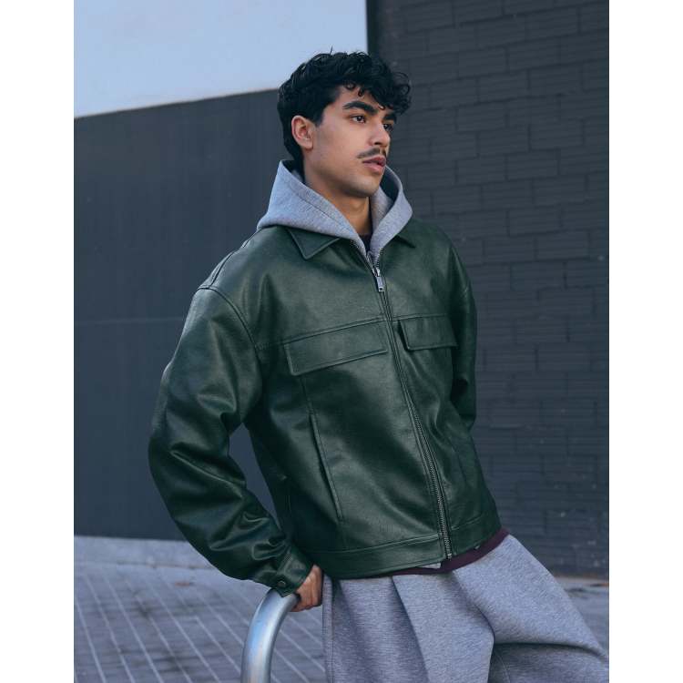 Bershka Boxy faux leather jacket in green | ASOS