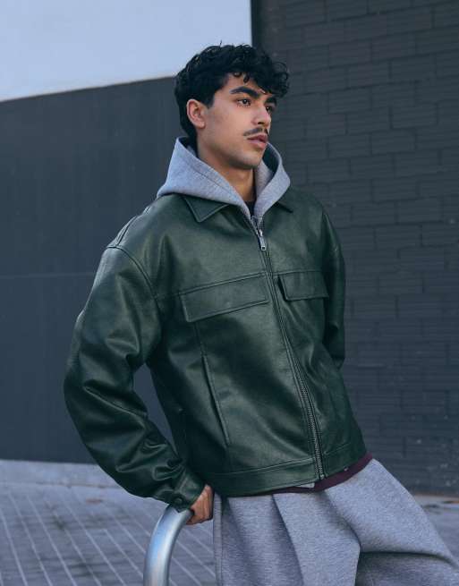 Bershka Boxy faux leather jacket in green, 3 of 7