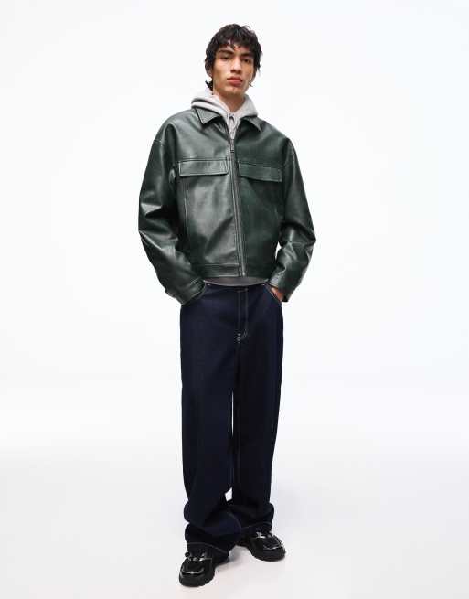 Bershka Boxy faux leather jacket in green, 6 of 7