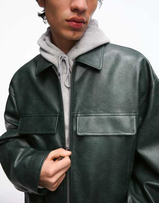 Bershka Boxy faux leather jacket in green, 7 of 7
