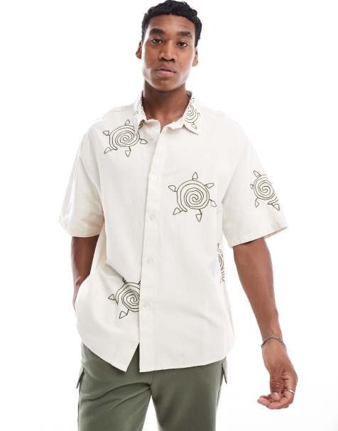 Bershka boxy fit embroidered shirt in ecru - view 1