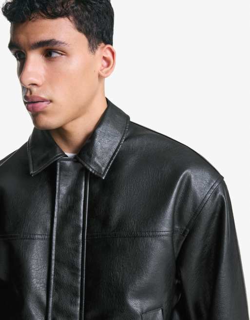 Bershka boxy fit faux leather jacket in black