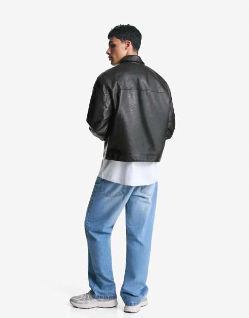 Bershka boxy fit faux leather jacket in black