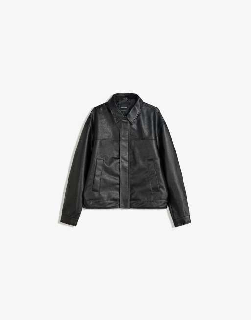 Bershka boxy fit faux leather jacket in black