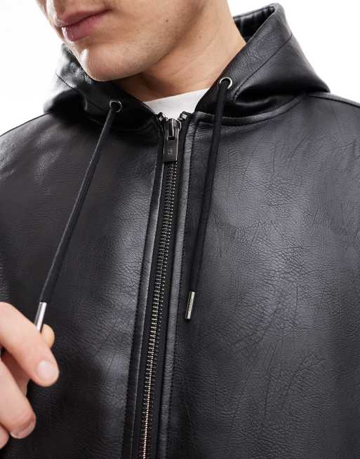 Bershka boxy fit faux leather jacket with hood in black ASOS