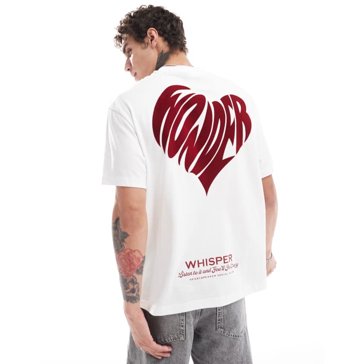 Bershka boxy fit flock heart t-shirt in white | ASOS