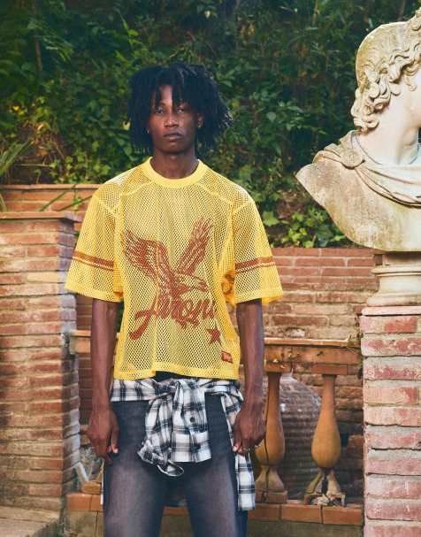 Bershka Boxy fit mesh arizona t-shirt in yellow - view 1