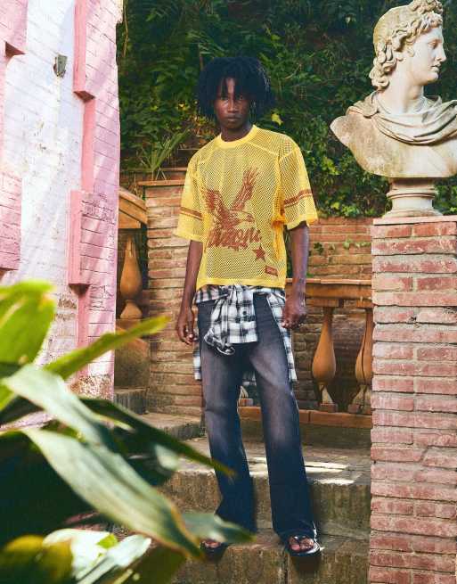 Bershka Boxy fit mesh arizona t-shirt in yellow, 2 of 7