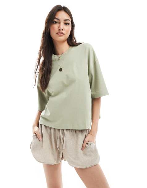 Bershka boxy fit oversized tee in khaki - view 1