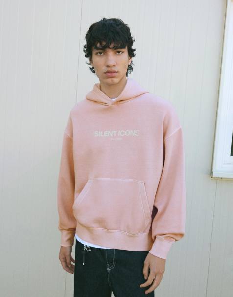 Bershka Boxy fit printed hoodie in washed pink - view 1