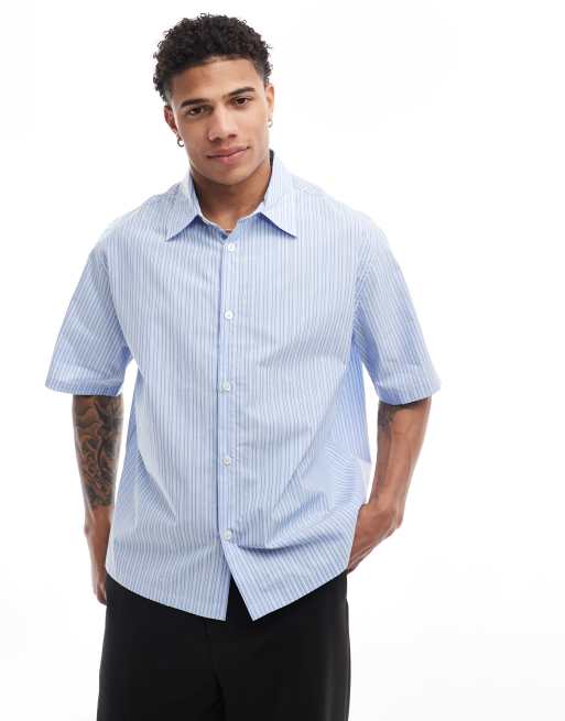 Bershka boxy fit stripe shirt in blue | ASOS