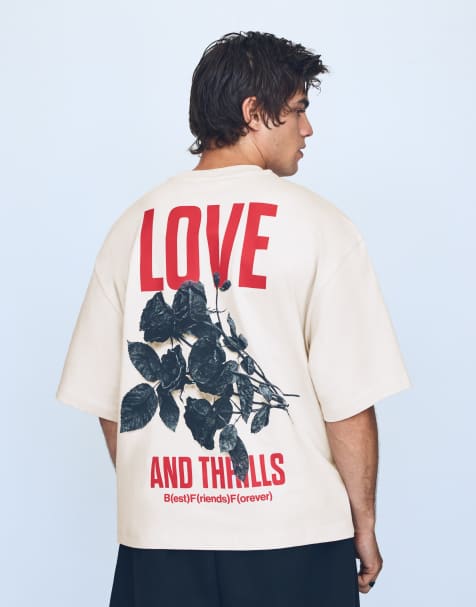 Bershka boxy fit T-shirt med foto- og tekstgrafik i grå - view 1