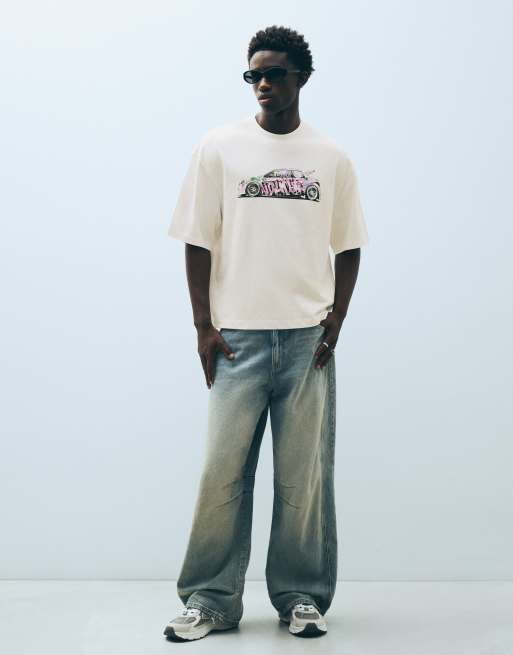Bershka boxy fit T-shirt med print i hvid, 3 af 6