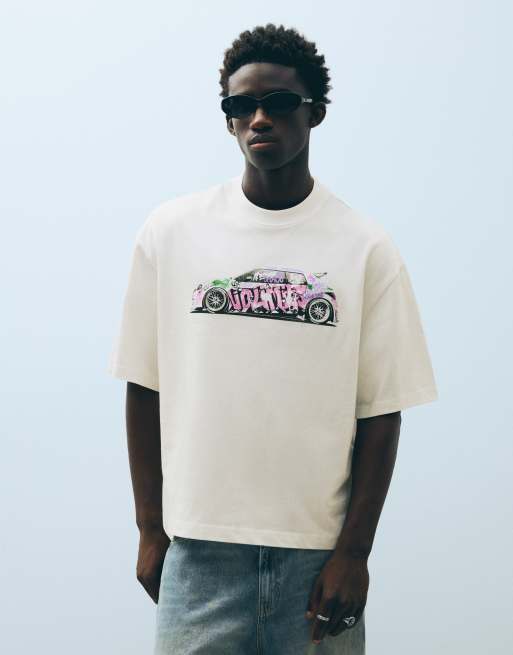 Bershka boxy-fit T-shirt met print in wit, 2 van 6