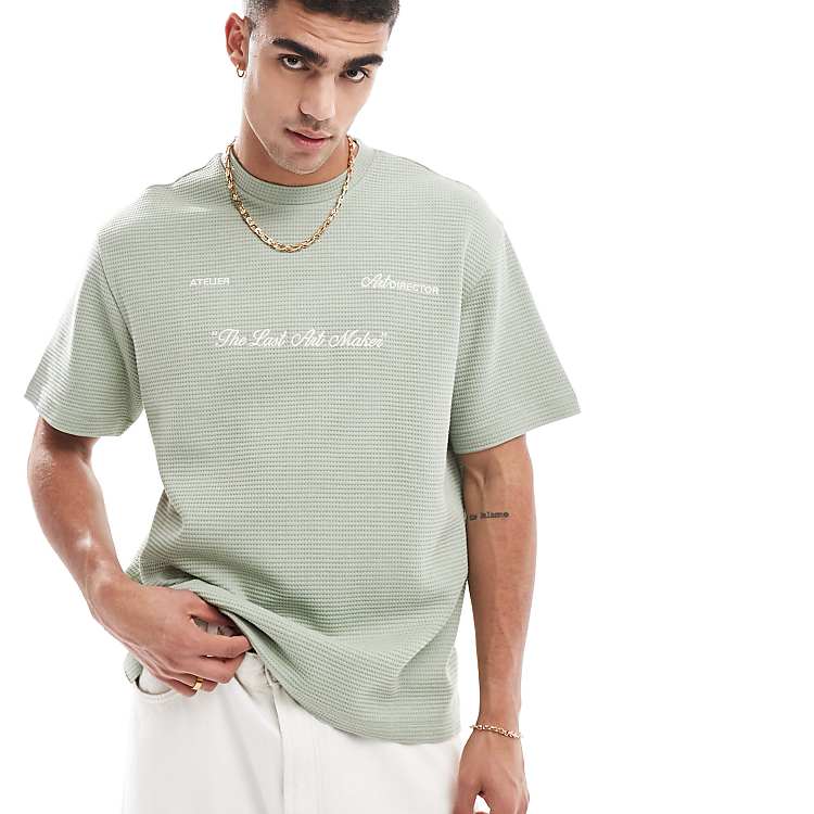 Bershka boxy fit waffle textured T-shirt in green | ASOS Bershka boxy fit waffle textured T-shirt in green | ASOS