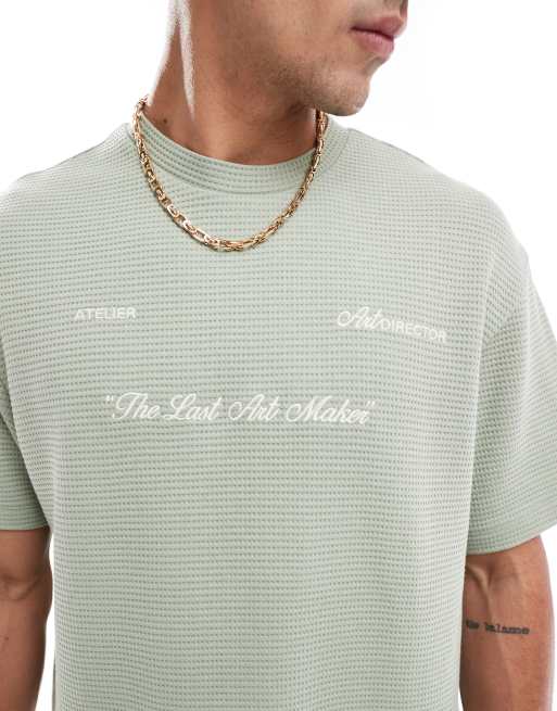 Bershka boxy fit waffle textured T-shirt in green | ASOS