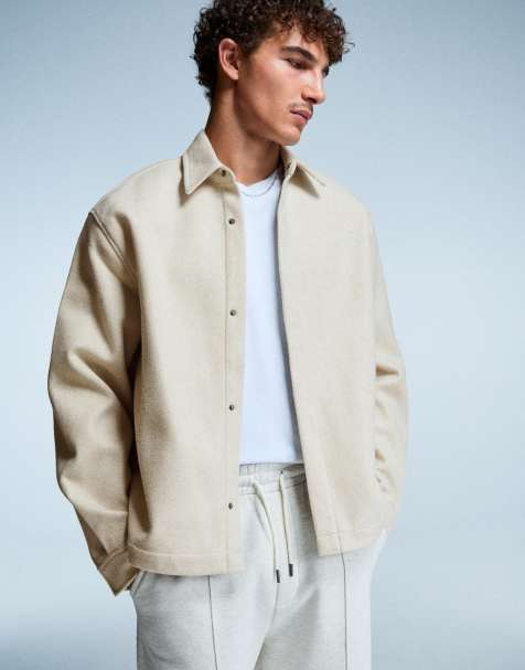 Bershka Boxy flannel overshirt in beige - view 1