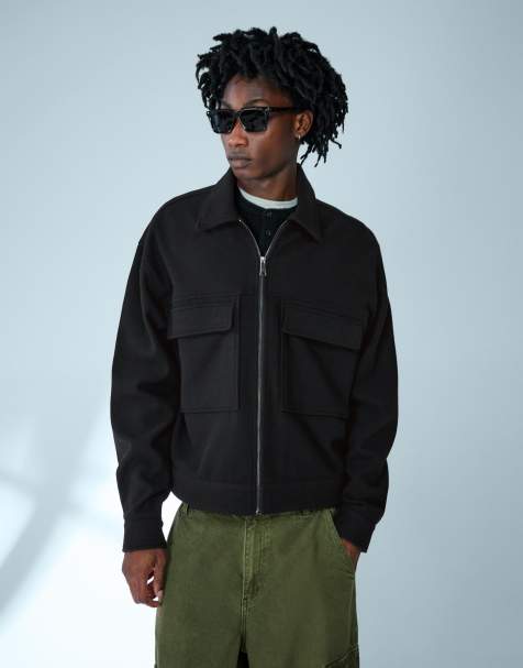 Bershka Boxy flannel zip overshirt in black - view 1