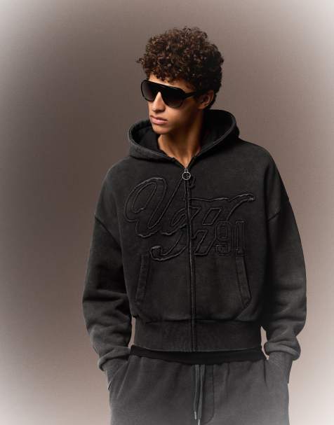 Bershka boxy hoodie med vask og lynlås i sort - view 1