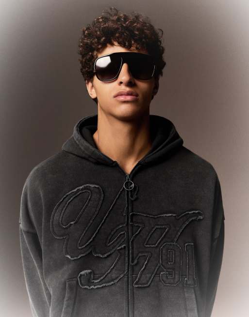 Bershka boxy hoodie med vask og lynlås i sort, 3 af 4