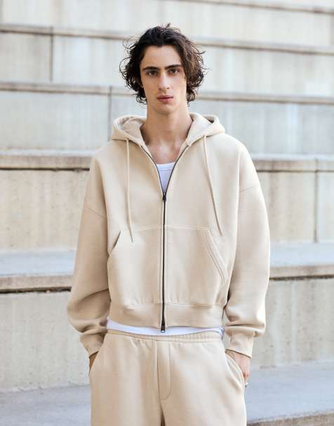 Bershka boxy hoodie met rits in zandkleur - view 1